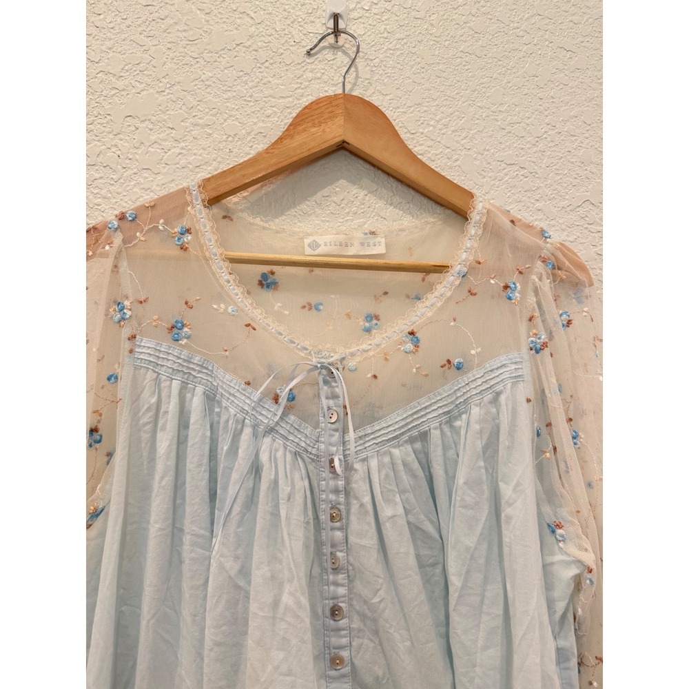Eileen West Blue Cotton Embroidered Mesh Sleeve Lawn Nightgown Victorian Style M - Picture 5 of 14